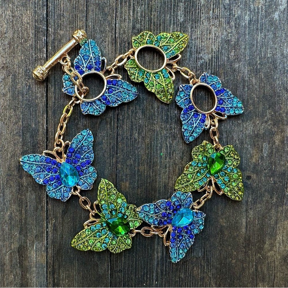 Green & Blue Sparkly Butterfly Gold Tone Rhinestone Crystal Adjustable Bracelet